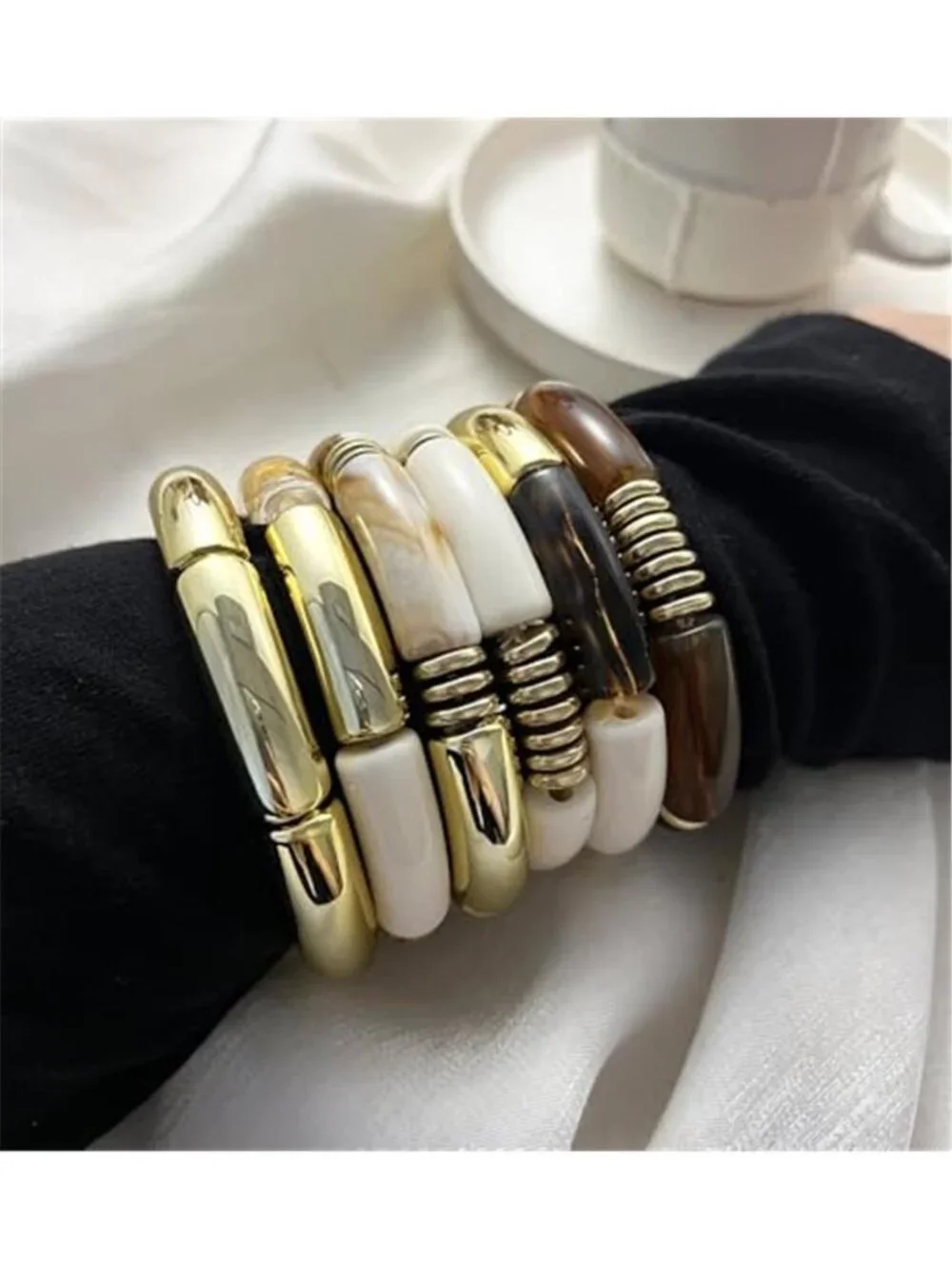 6pcs Chunky Acrylic Bangle Bracelets for Women, Resin Bamboo Brown